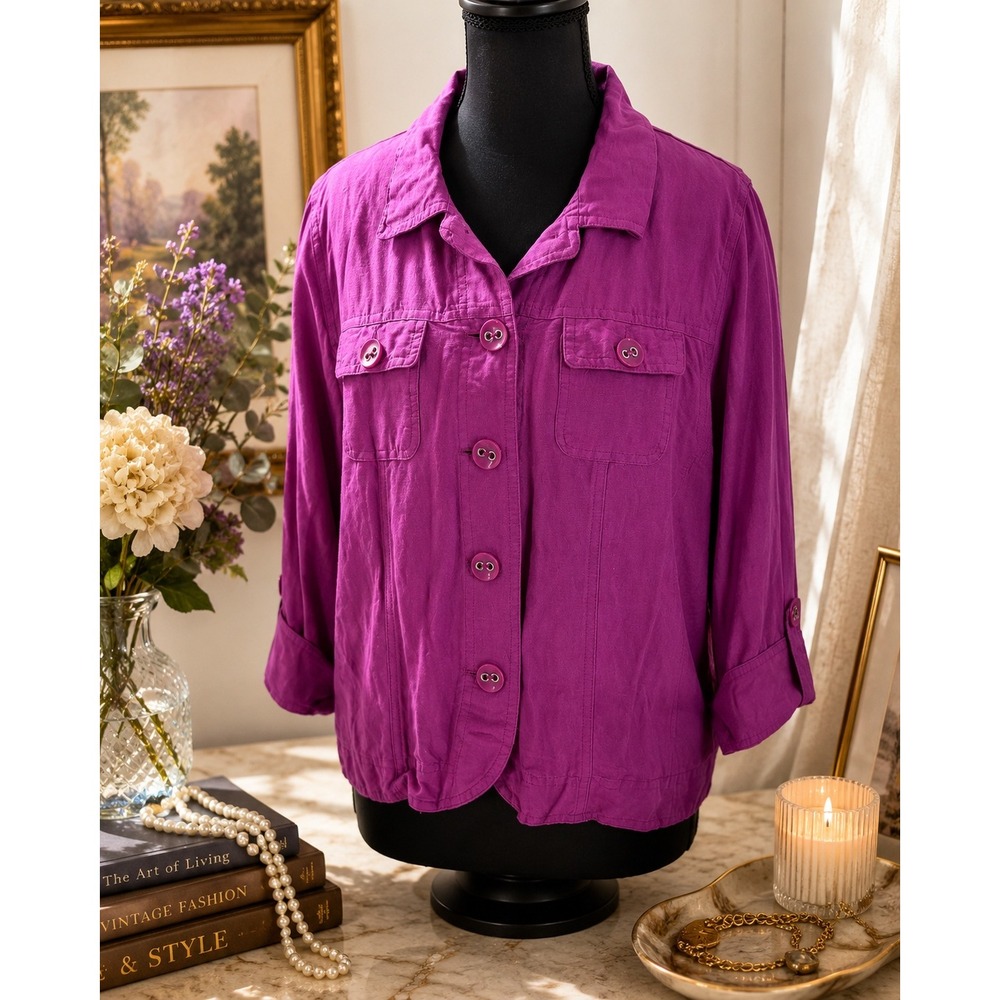 East 5th Womens PL Linen Blend Jacket Magenta Pink Coastal Grandma Artsy Boho